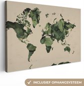 Canvas Wereldkaart - 120x80 - Wanddecoratie Wereldkaart - Bladeren - Groen