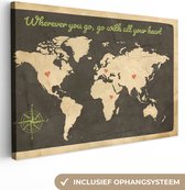 Canvas Wereldkaart - 180x120 - Wanddecoratie Wereldkaart - Quote - Kompasroos