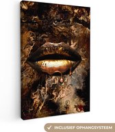 Canvas Schilderij Goud - Lippen - Luxe - 20x30 cm - Wanddecoratie