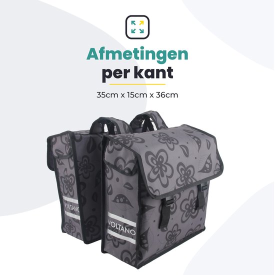 Voltano Dubbele Fietstas Floral Fusion - Grijs Met Bloemen - 38 Liter - 100% Waterdicht Polyester - Vrolijke Fietstassen