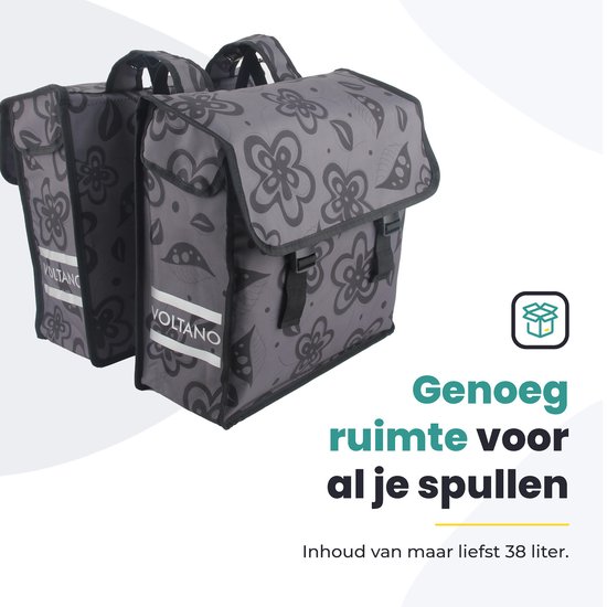 Voltano Dubbele Fietstas Floral Fusion - Grijs Met Bloemen - 38 Liter - 100% Waterdicht Polyester - Vrolijke Fietstassen