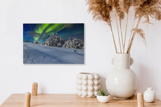 Aurores boréales au-dessus d'un paysage d'hiver avec des arbres toile 2cm 30x20 cm - petit - Tirage photo sur toile (Décoration murale salon / chambre) / phénomènes naturels Peintures sur toile