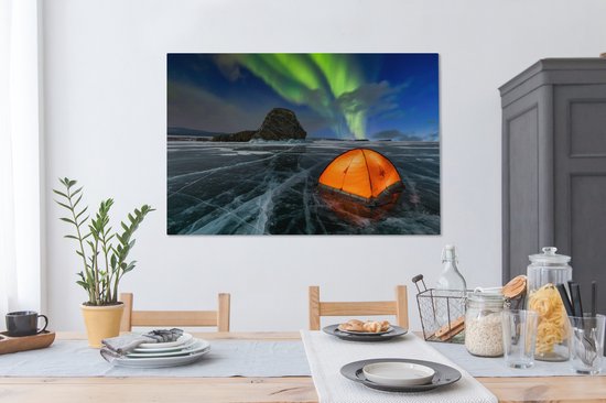 Tente sur la glace sous les aurores boréales toile 2cm 140x90 cm - Tirage photo sur toile (Décoration murale salon / chambre) / Phénomènes naturels Peintures sur toile