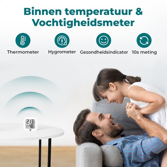 Binnen thermometer en hygrometer met display, weergegeven bij een vader en kind.