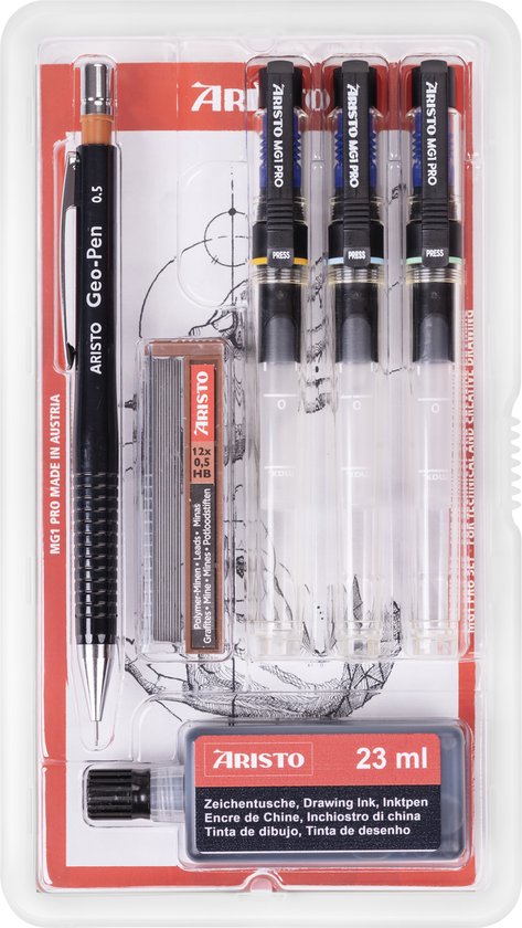 Aristo tekenkit met zwarte Geo-Pen 0.5, 3x MG1 PRO pennen, potloodstiftjes en 23ml zwarte inkt.