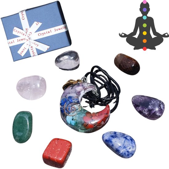 Ketting met Maan hanger en 7 Chakra edelstenen - Geschenk Set Natuursteen & Healing kristal