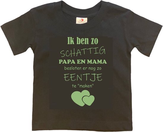 Shirt Aankondiging zwangerschap Ik ben zo schattig papa en mama besloten er nog zo eentje te "maken" | korte mouw | zwart/sage green (saliegroen) | maat 110/116 zwangerschap aankondiging bekendmaking