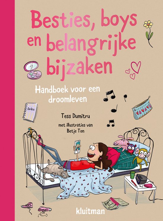Titel: Besties, boys en belangrijke bijzaken. Handboek voor een droomleven. Meisje ligt in bed met telefoon en haar kat.