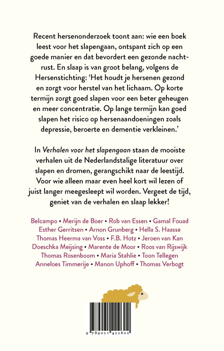 Achterkant van het boek 'Verhalen voor het slapengaan' met tekst en een illustratie van een schaap.