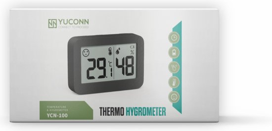 YUCONN Hygrometer - Weerstation - Thermometer Binnen - Digitaal Thermometer En Luchtvochtigheidsmeter - Inclusief Batterij en Plakstrip - Zwart