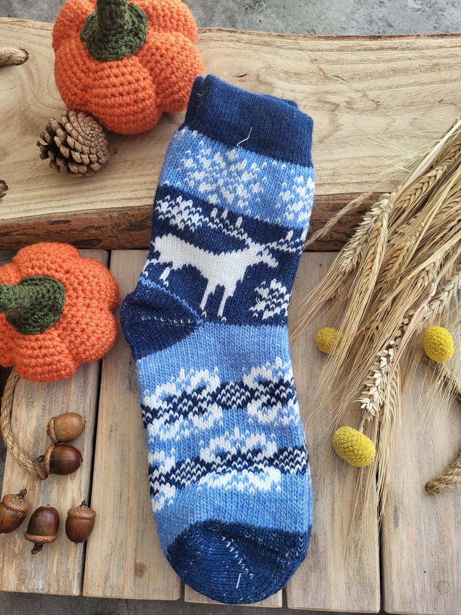 Warme 100% wol sokken Hert op Blauw