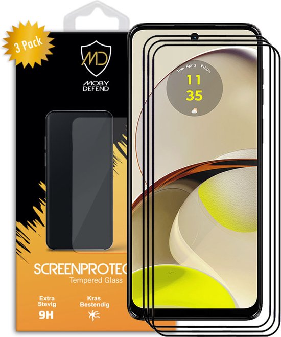 3-Pack Motorola Moto G14 Screenprotectors - MobyDefend Screensaver Met Zwarte Randen - Gehard Glas - Glasplaatjes Geschikt Voor Motorola Moto G14