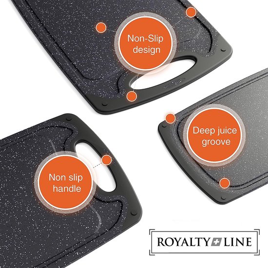 Set de Planches à découper Royalty Line ® CB3PCB - 25/31/40 cm - Antidérapantes - Poignée ergonomique - Planches de cuisine - Passe au lave-vaisselle - Plastique - Avec zone de broyage pour broyer l'ail et le gingembre - Zwart