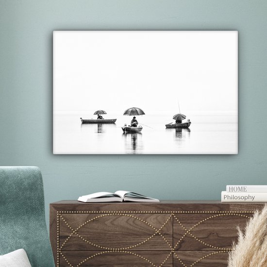 Peinture sur toile - Homme - Bateau - Pêche - Parapluie - Water - Peintures sur toile - 60x40 cm - Photo sur toile - Canvasdoek