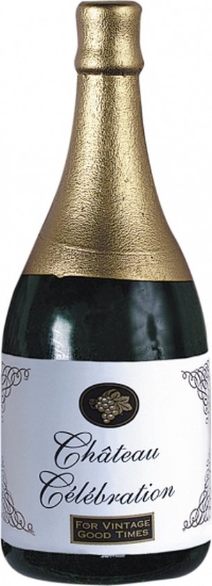 Donkergroene champagnefles met gouden hals en wit label.