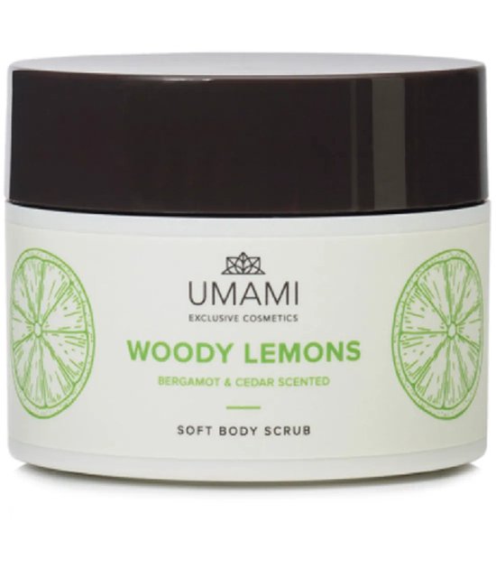 Umami Woody Lemons Soft Body Scrub pot met bruine deksel en citrusdecoratie.