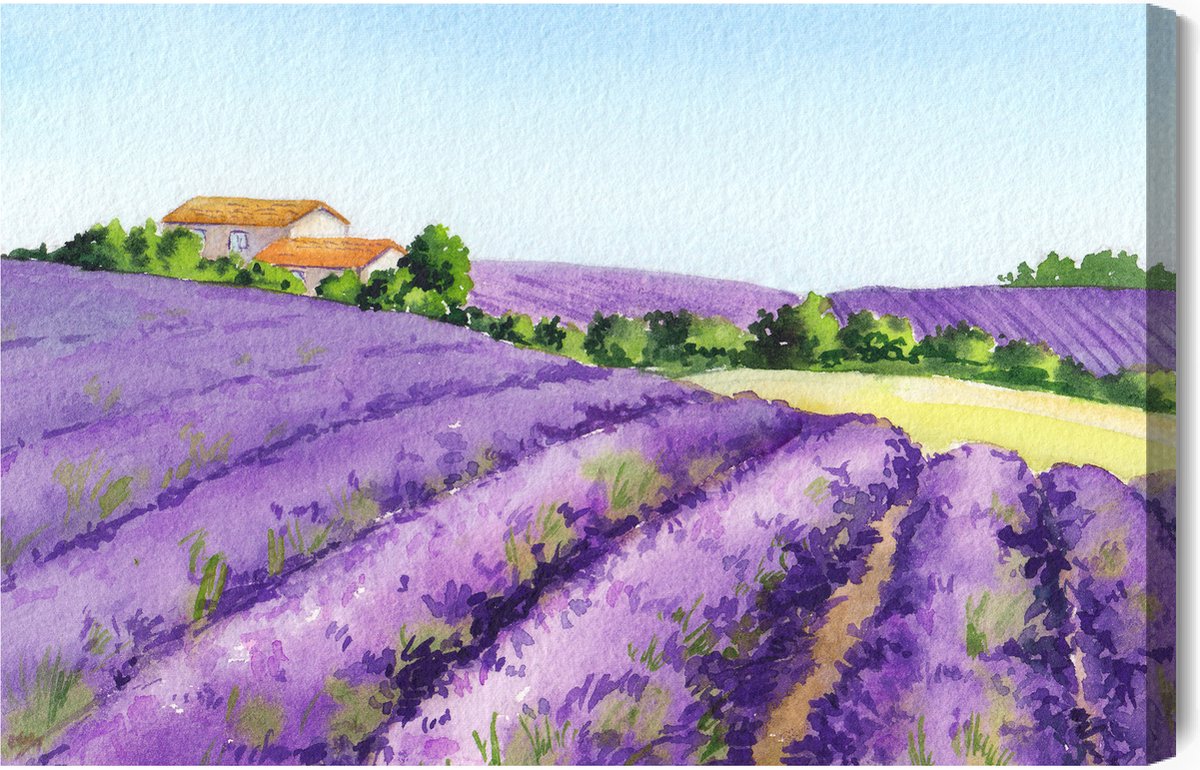 Schilderijkoning - Canvas Schilderij Lavendelveld Geschilderd Met Waterverf - 100 x 70 cm