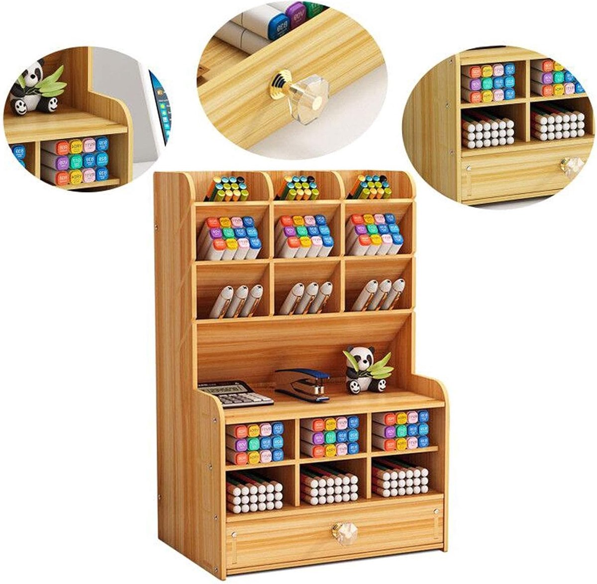 Organisateur de bureau en bois de bricolage, grande capacité, boîte de  rangement avec tiroir pour la maison, le bureau et l’école (couleur cerise)