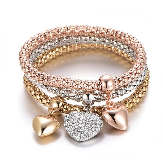 Sorprese armband - Marbella - hartje - goud/zilver/rosé - armband dames - 3 delig - cadeau - Model R - Cadeau