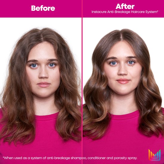 Photo avant-après d'une femme aux cheveux ; à gauche secs et emmêlés, à droite lisses et ondulés.