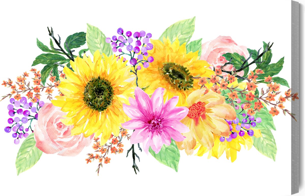 Schilderijkoning - Canvas Schilderij Een Bloemencompositie Alsof Hij Met Waterverf Is Geschilderd - 120 x 80 cm