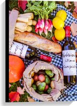Canvas - Picknicken - Kleed - Wijn - Drank - Bladeren - Groentje - Brood - Fruit - Wijnflessen - 40x60 cm Foto op Canvas Schilderij (Wanddecoratie op Canvas)