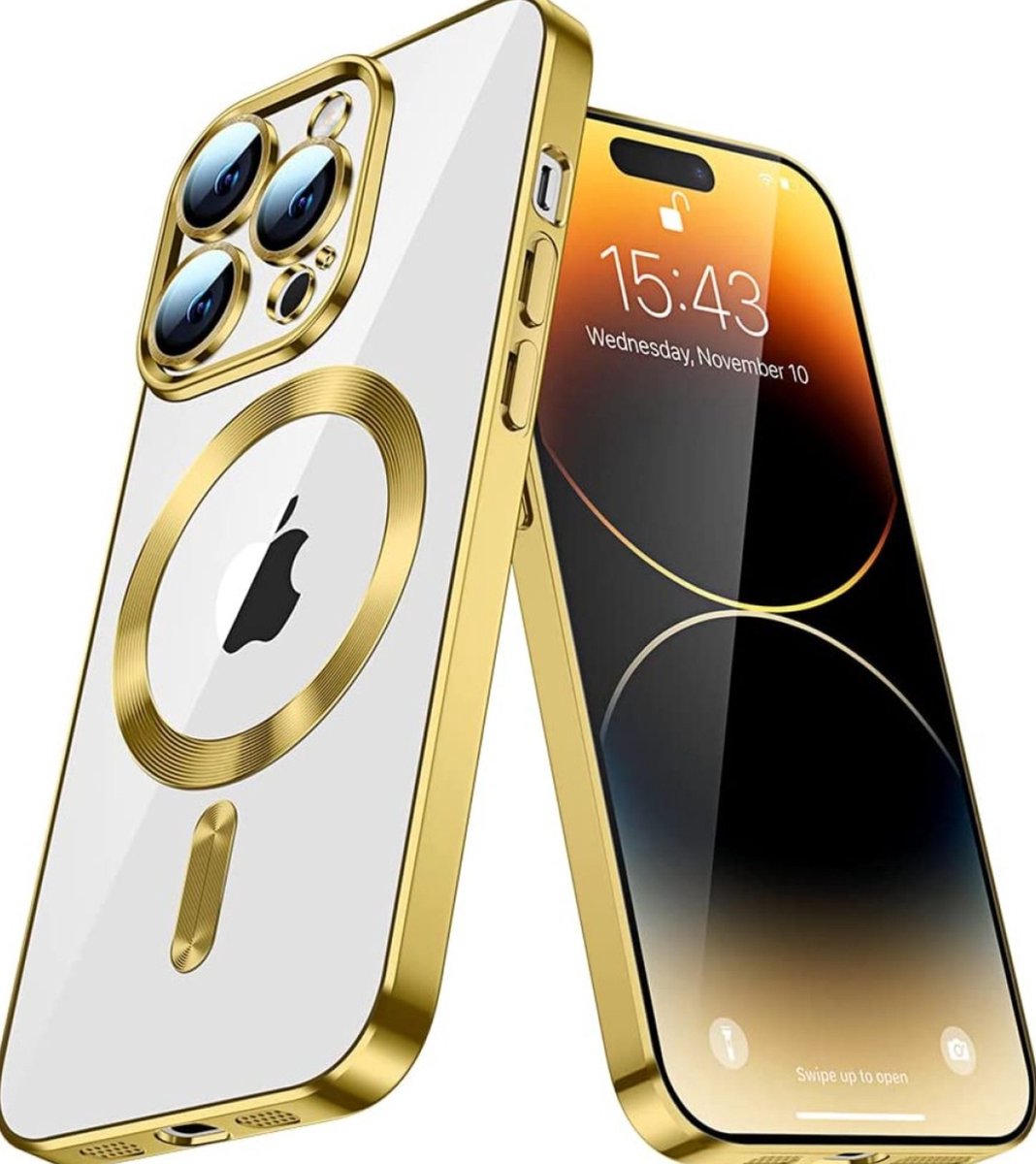 Samsung Galaxy S23 Ultra Magnetisch Hoesje Met Lensbeschermer- Magsafe - Magneet Case Met Ring en camera cover transparant met gekleurde rand - goud