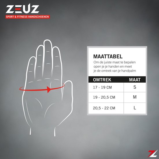 Maattabel voor ZEUZ sport- en fitnesshandschoenen met een schematische weergave van een hand.