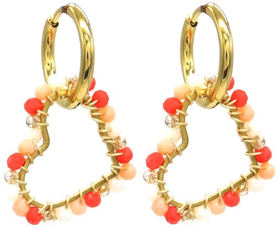 Boucles d'oreilles - Coeur avec Perles de Verre - Acier Inoxydable - 3 cm - Doré et Oranje