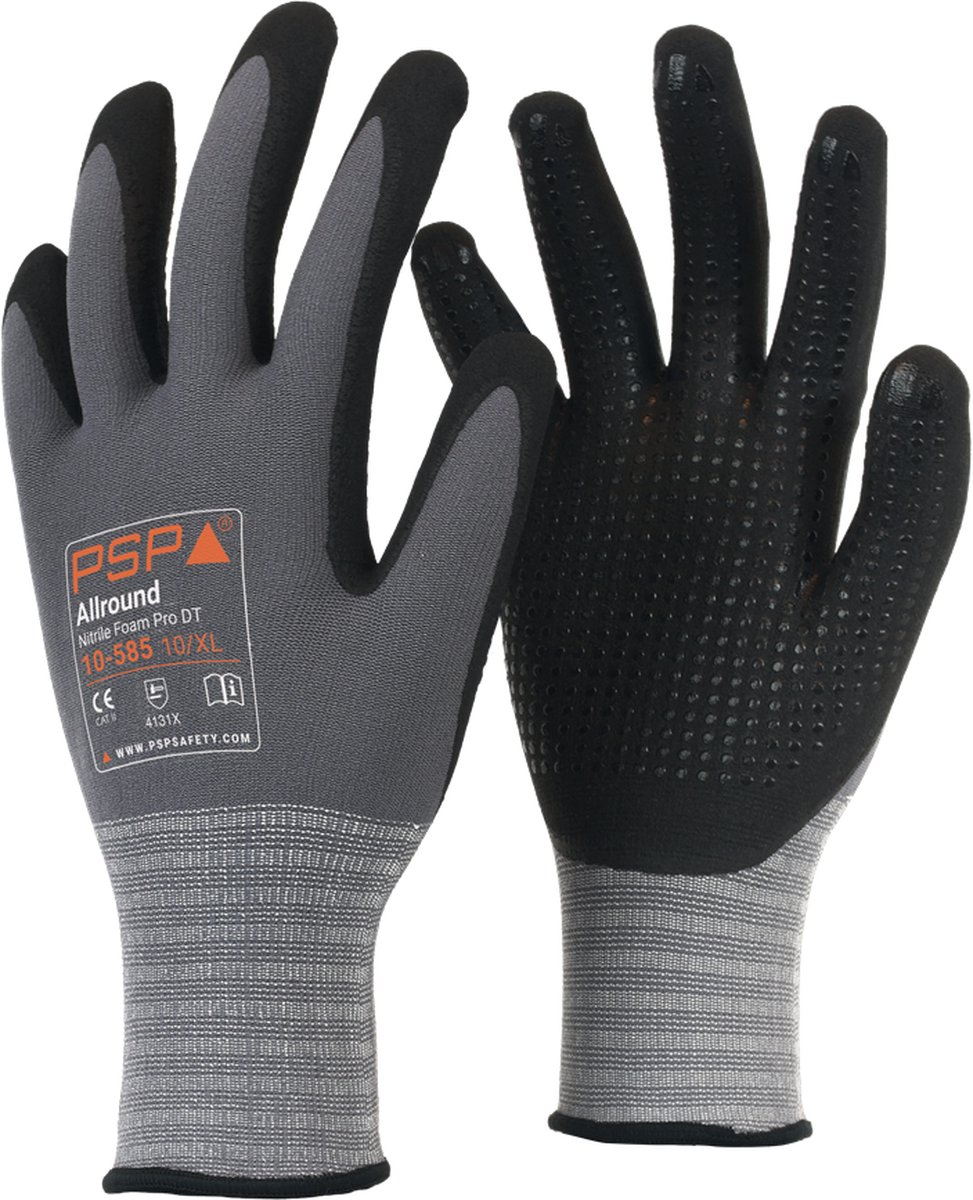 1x 12 paar - Werkhandschoenen PSP 10-585 Allround Nopjes Top Nitrile Schuim, Zwart (per 12 paar), maat 7