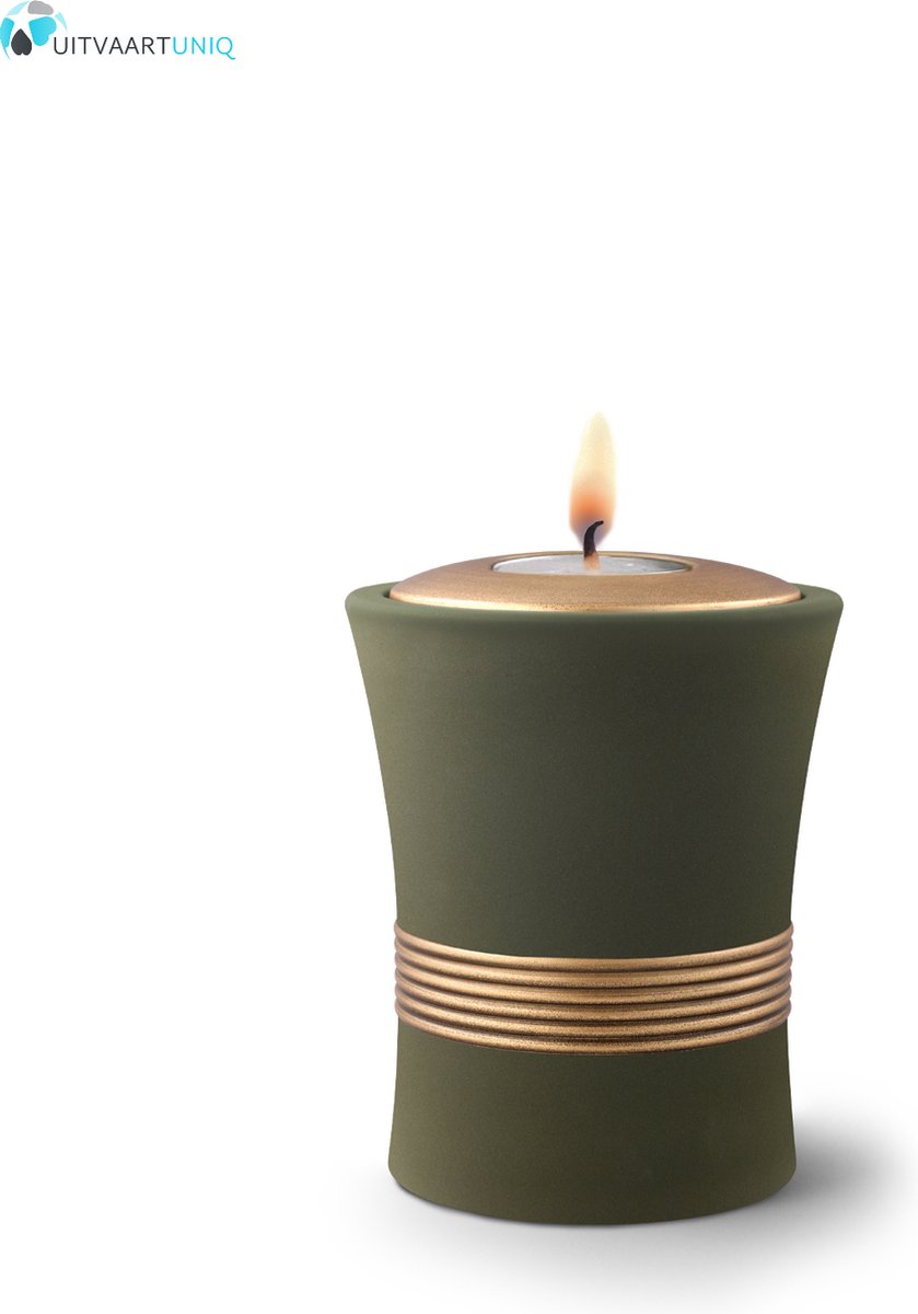 Mini urn palmgroen met herdenkingslichtje - keramiek