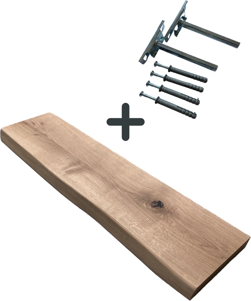 Eiken Wandplank 80 x 30 x 4 cm Boomstamrand - Zwevende plank - Boekenplank - Muurplank - Inclusief Bevestigingsmateriaal
