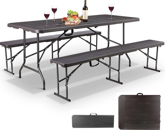 MaxxGarden Table pliante - ensemble de pique-nique pliant - avec 2 bancs -  noir | bol