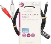 Nedis USB-C Adapter - USB 3.2 Gen 1 - USB-C Male - 2x RCA Male - 1.00 m - Rond - Vernikkeld - PVC - Zwart - Label