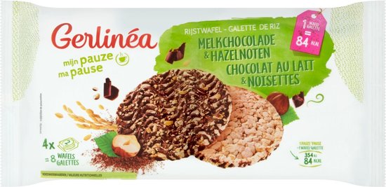 Voorzijde van Gerlinéa rijstwafel verpakking met melkchocolade en hazelnoten, 84 kcal per wafel.