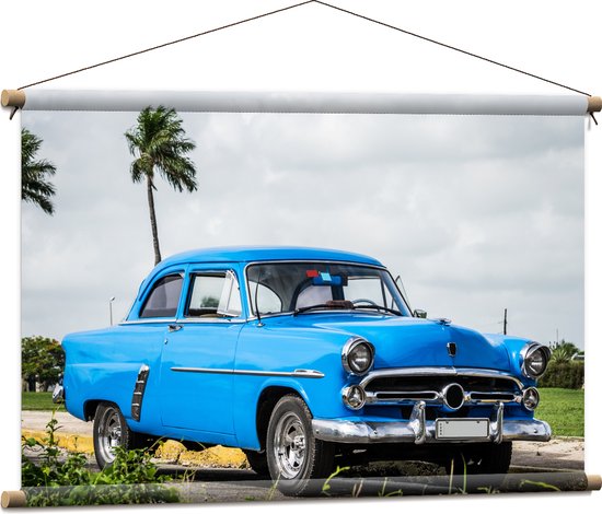 Textielposter - Oude Blauwe Vintage Auto bij Palmbomen - 90x60 cm Foto op Textiel
