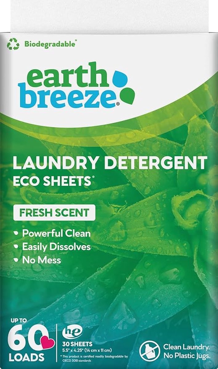Earth Breeze milieuvriendelijke wasmiddelvellen - Wasmiddeldoekjes - Fresh scent - Plasticvrij - Biologisch - 30 vellen - 60 Wasbeurten