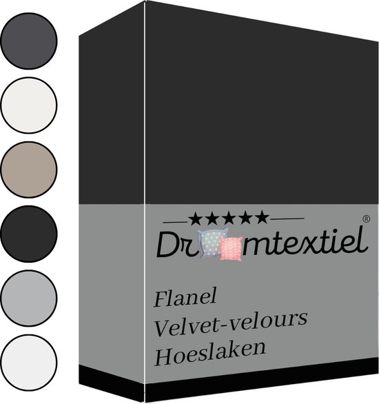 Droomtextiel Zachte Flanel Velvet Hoeslaken Zwart Eenpersoons 90x200 cm - Hoogwaardige Kwaliteit - Super Zacht