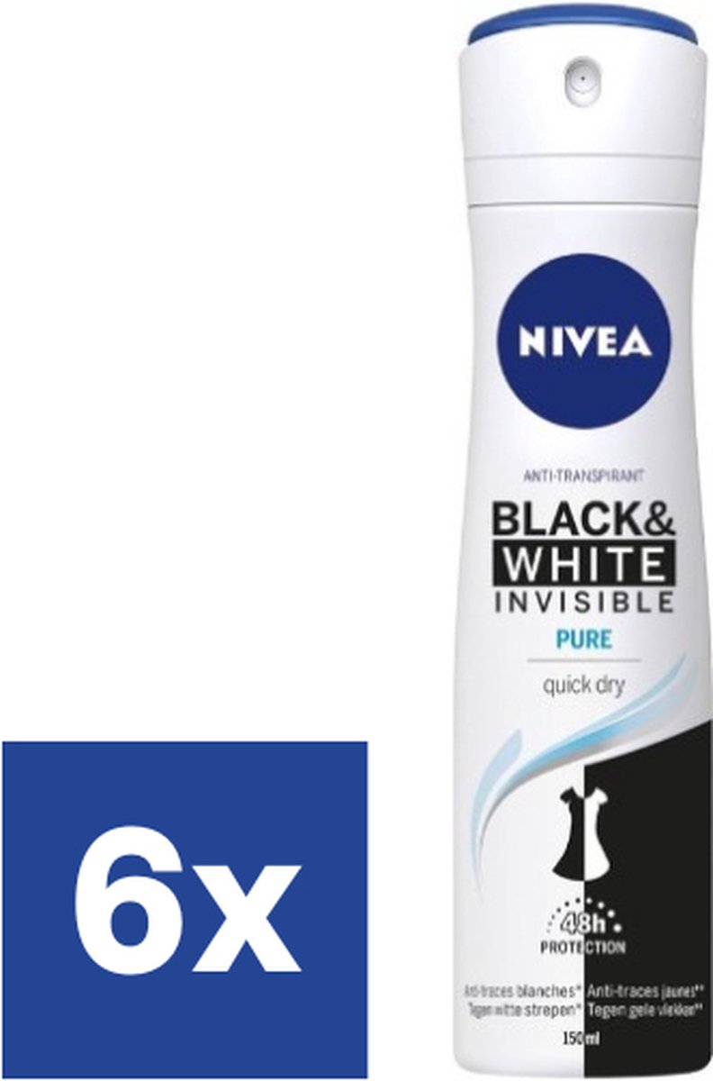 Goedkoopste Nivea Black & White Invisible Pure Deo Spray - 6 x 150 ml