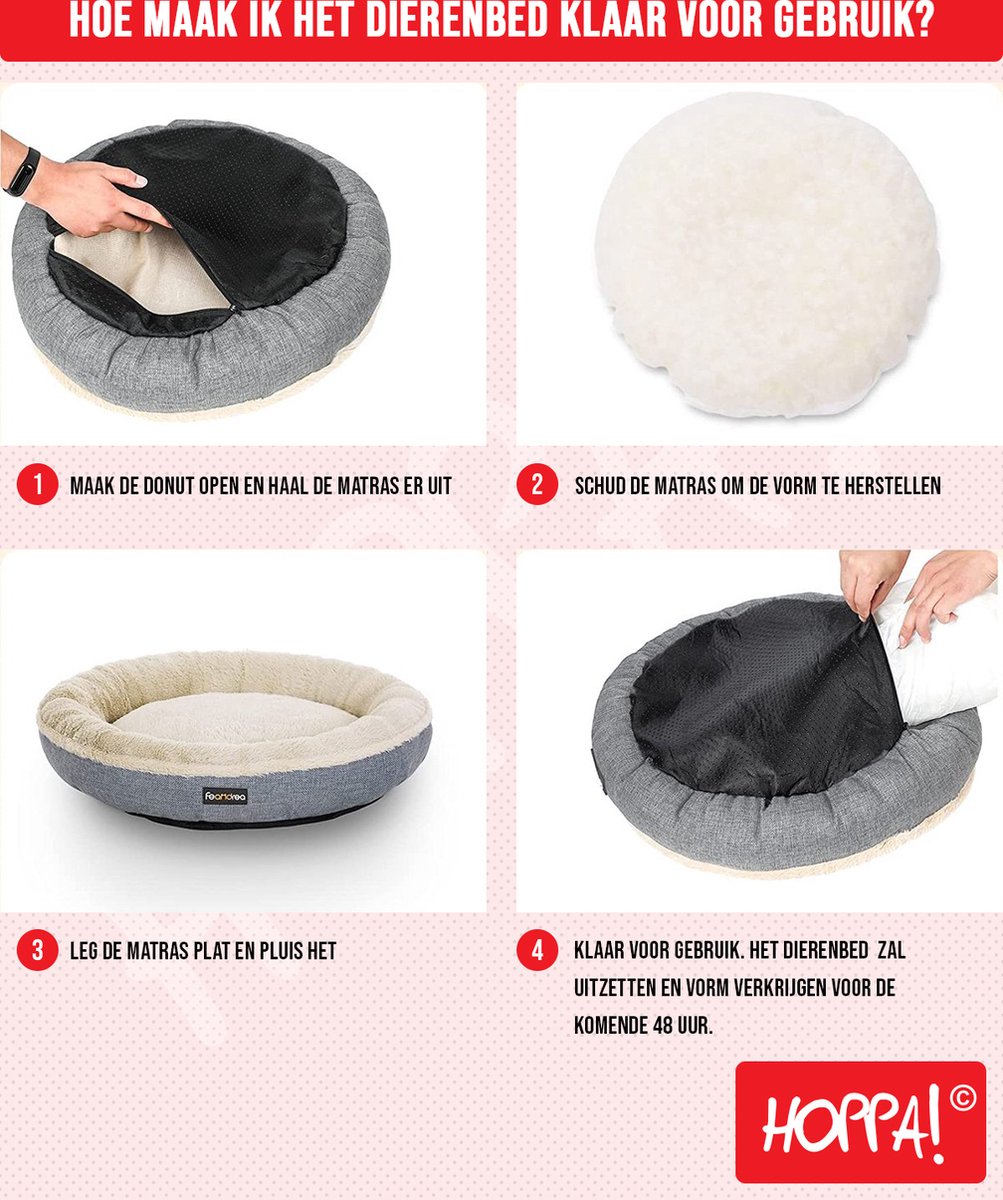 Hoppa! Hondenmand - Hondenbed - Kattenmand - Kattenbed - Afneembare hoes - Honden / Katten Donut - Ø 50 cm - Lichtgrijs – foto 4