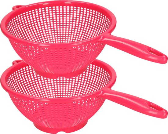 Plasticforte Keuken vergiet/zeef met handvat - 2x - kunststof - Dia 24 cm x Hoogte 11 cm - fuchsia roze