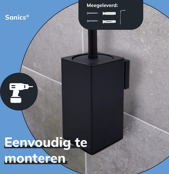 Sanics® Seal WC borstel met Houder Zwart - Toiletborstel - Toiletborstelhouder - WC borstelhouder - Hangend - RVS