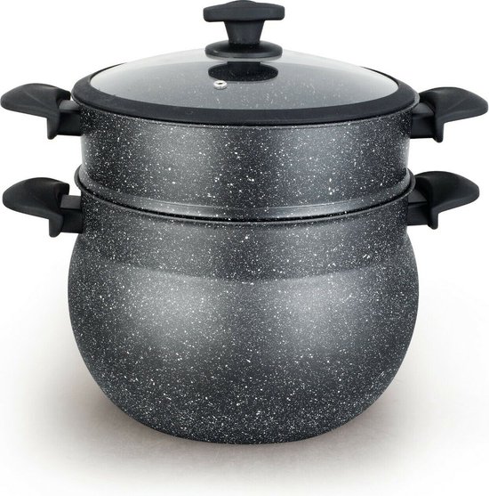 Royal Swiss® Couscouspan 14L – Couscoussier Stoompan – Aluminium Stone-Coating – Geschikt voor Alle Warmtebronnen – Met Glazen Deksel – Zwart