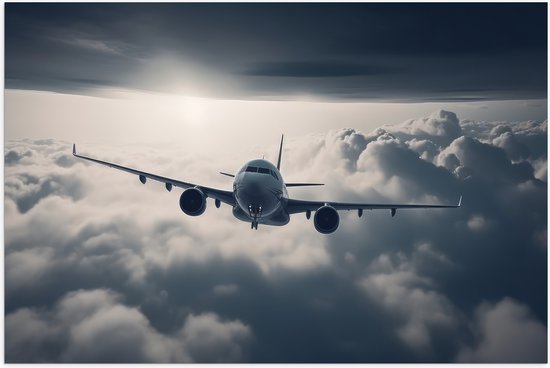 Poster Glanzend – Vliegtuig Vliegend tussen de Wolken - 60x40 cm Foto op Posterpapier met Glanzende Afwerking