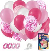 Fissaly 40 stuks Roze, Wit & Donkerroze Helium Ballonnen met Lint – Verjaardag Versiering Decoratie – Papieren Confetti – Latex