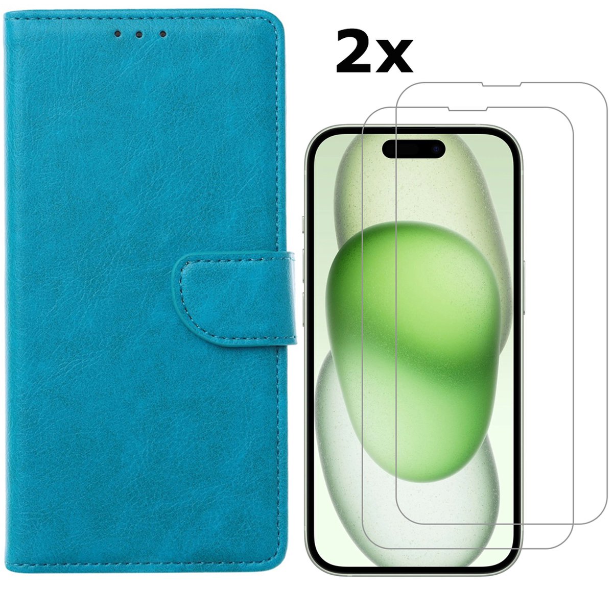 Hoesje Geschikt voor iPhone 15 hoesje bookcase met 2x screenprotector – Blauw