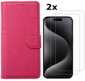 Hoesje Geschikt voor iPhone 15 Pro Max hoesje bookcase met 2x screenprotector – Roze