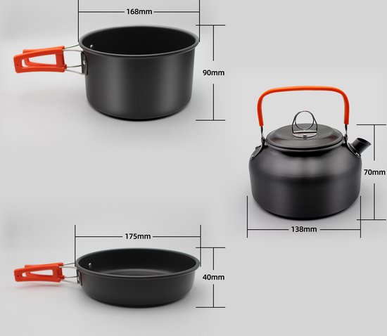 Afmetingen van camping kookset: pan (168x90mm), ketel (138x70mm), koekenpan (175x40mm).