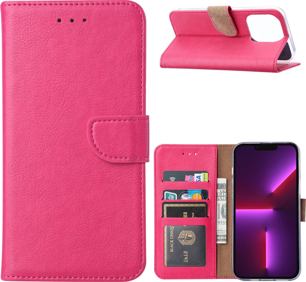Phreeze Bookcase - Geschikt voor iPhone 15 Pro Hoesje Roze - Met Pasjes Houder - Vegan Leder - Magnetische Sluiting