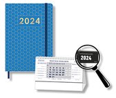 MGPcards - Agenda 2024 - A5 (21,5x15,5 cm) - Foliedruk - Week op 2 pagina's - Ruime Vakken - Blauw Honingraat + Burokalender Zwart